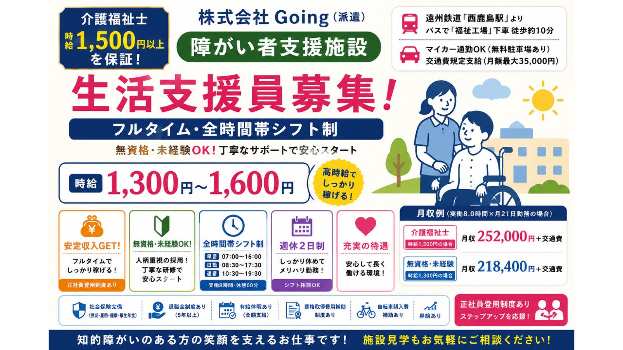 不問（知的に障がいのある方のサポートが初めての方、業界未経験の方も歓迎！）