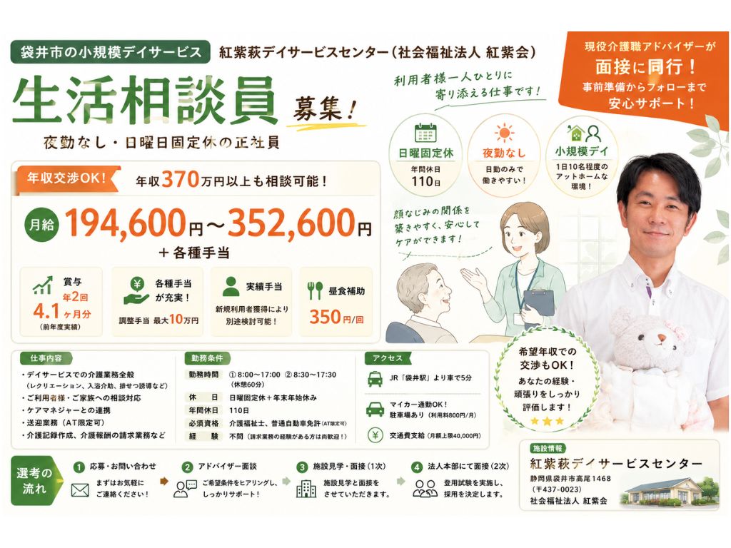 介護福祉士、普通自動車運転免許（AT限定可）の双方必須