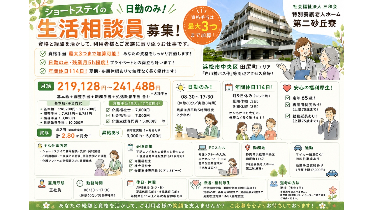 ・介護福祉士<br>・社会福祉士<br>・介護支援専門員（ケアマネジャー）<br> 普通自動車運転免許（AT限定可）
