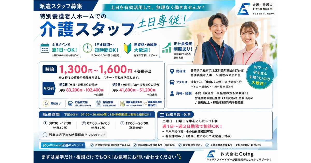 不問（無資格・未経験の方も大歓迎！）<br>※普通自動車運転免許（AT限定可）をお持ちの方歓迎。介護福祉士・初任者研修保持者は優遇します。