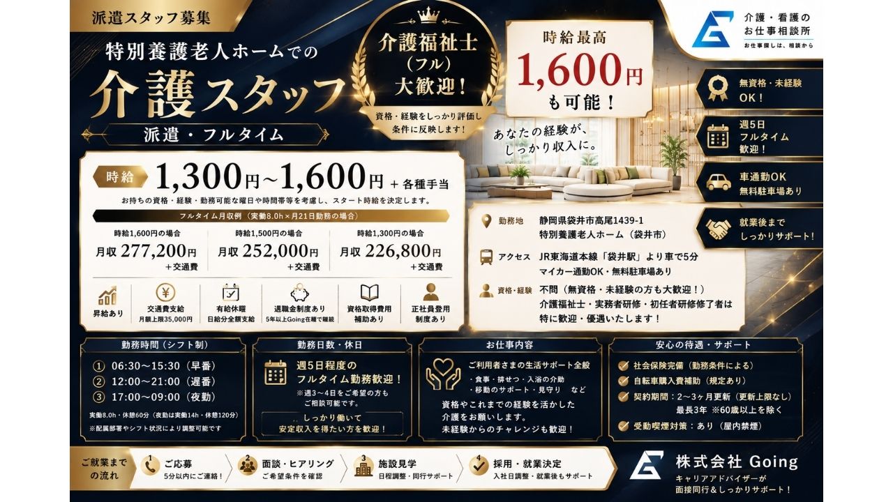 不問（無資格・未経験の方も大歓迎！）<br>※介護福祉士資格をお持ちの方、実務者研修・初任者研修修了者は特に歓迎・優遇いたします！