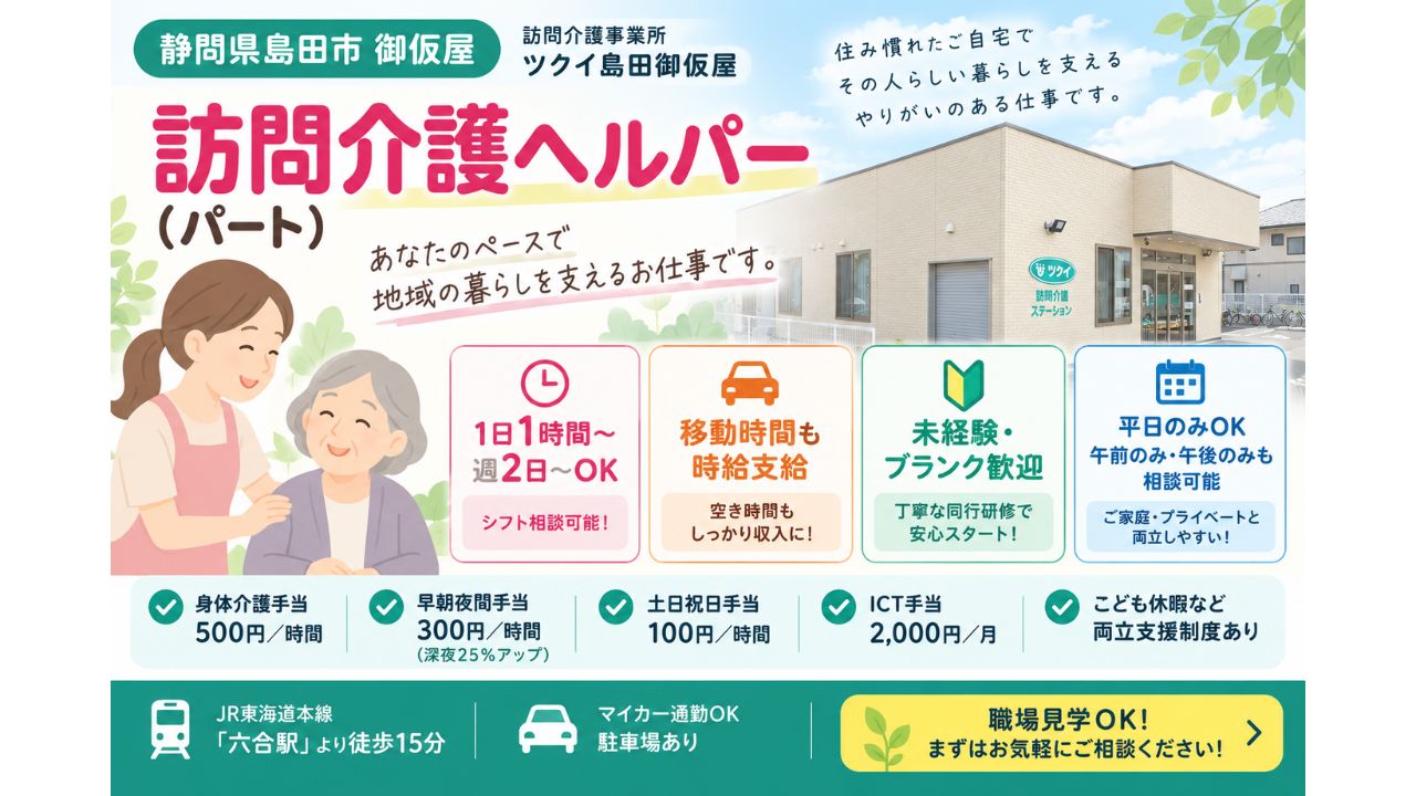 介護職員初任者研修（旧ヘルパー2級）以上、普通自動車運転免許（自家用車または社有車にて訪問）