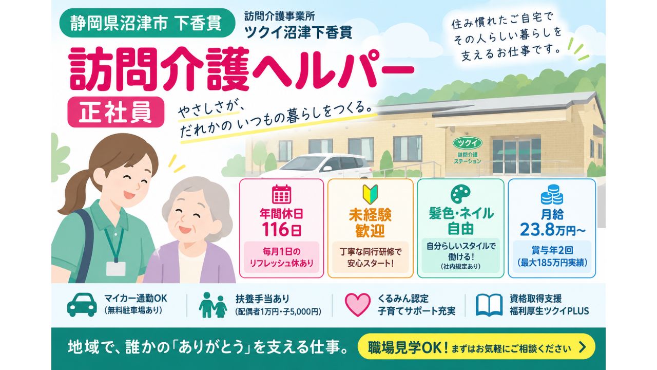 介護職員初任者研修（旧ヘルパー2級）以上、普通自動車運転免許（AT限定可）、55歳以下（例外事由3号のイ：長期キャリア形成のため）